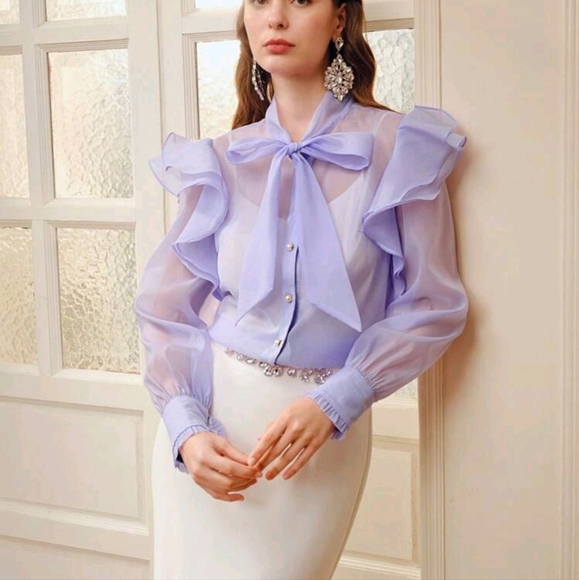 ORGANZA TIE NECK RUFFLE TRIM LANTERN SLEEVE BLOUSE - Picture 3 of 5